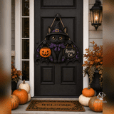 Door Hanger Black Cat Witch Halloween Wooden Front Door Sign for Porch Spooky Pet Decor