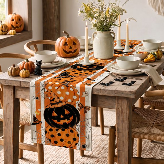 Polka Dot Orange Pumpkin Witch Hat Spider Web Ghost Bat Halloween Table Runner