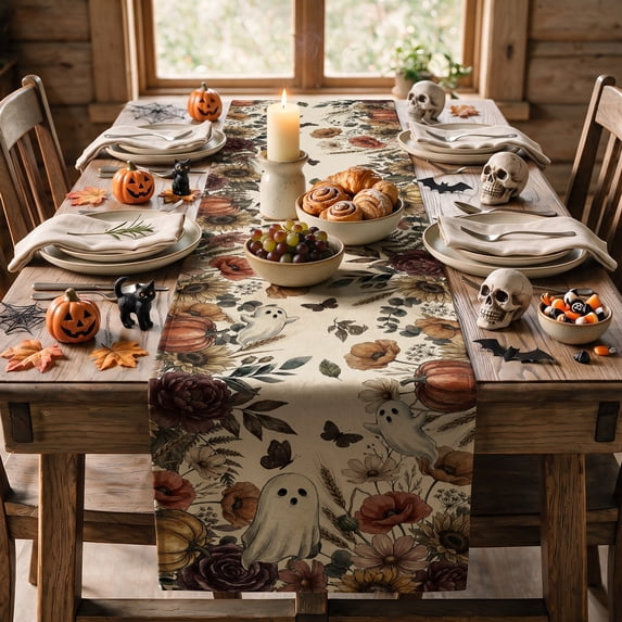 Jack-O'-Lantern Ghost Floral Halloween Table Runner, Halloween Party Kitchen Dining Indoor Outdoor Decorations