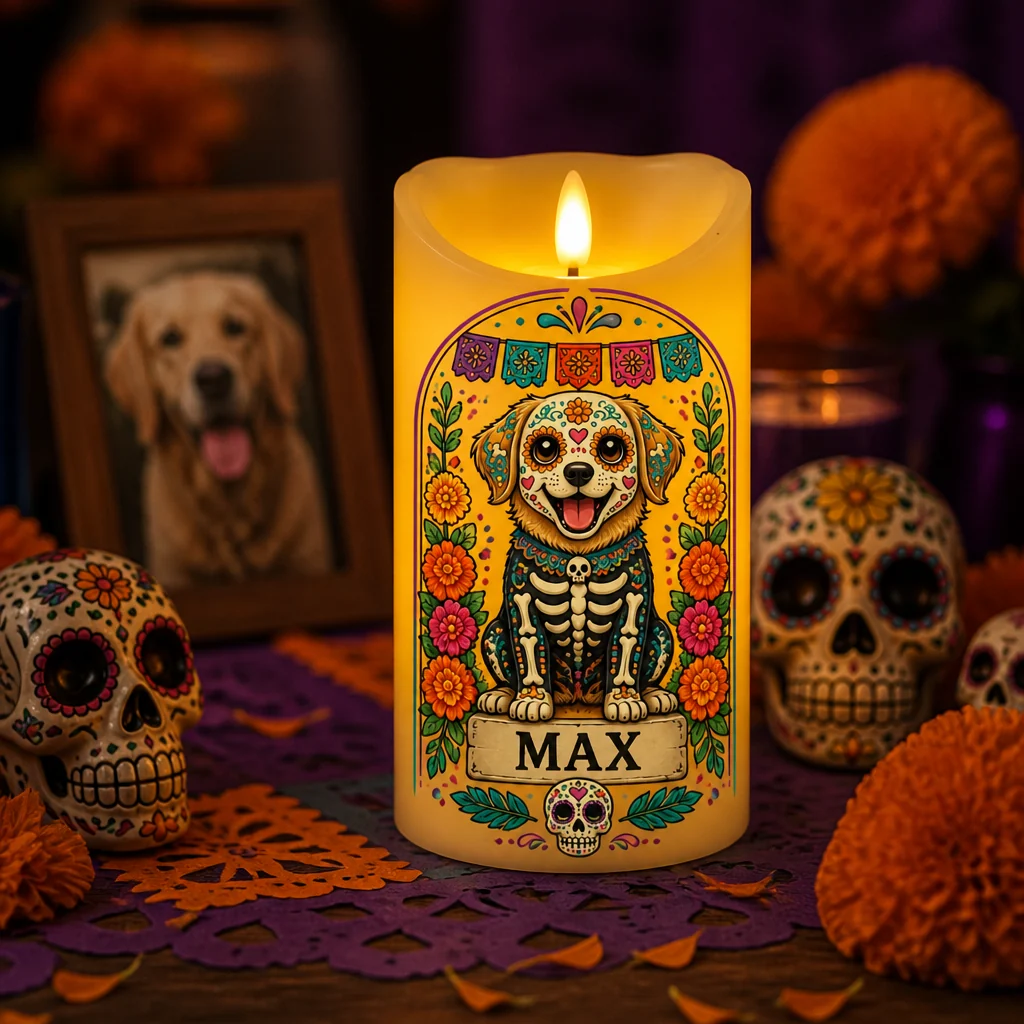 🎃Custom Día de los Muertos Pet Portrait LED Candle, Personalized Pet Flameless Candle, Day of the Dead Decor Gift for Dog & Cat Lovers
