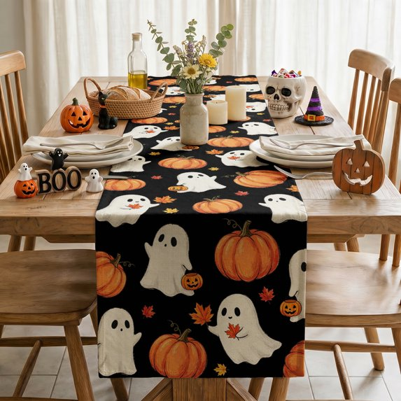 Ghost Pumpkins Maple Leaves Halloween Table Runner, Halloween Fall Party Kitchen Dining Indoor Outdoor Decorations