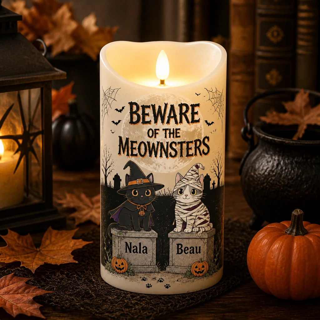 Halloween Personalized Cat LED Candle – Beware of the Meownsters, Custom Flameless Candle with 2 Cat Names (Copy)