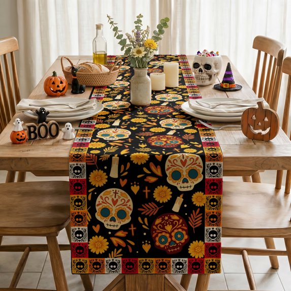 Halloween Table Runner， Watercolor Marigolds Skull Day of The Dead Table Runner for kitchen Dining Fiesta Party Home Decor