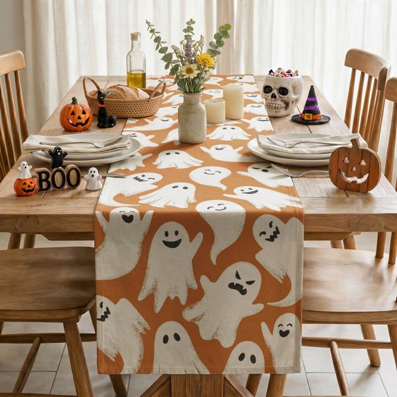 White Ghost Halloween Table Runner, Seasonal Fall Kitchen Dining Table Decoration for Home Party Decor, Orange