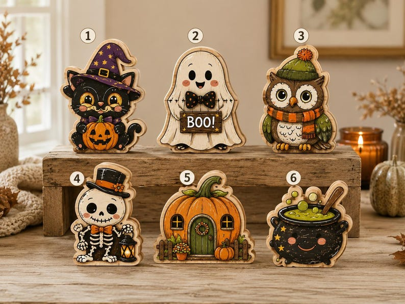 Halloween Wooden Block, Cute Spooky Shelf Decor, 3-Layer Wooden Halloween Decoration, Cat Ghost Owl Pumpkin Skeleton Cauldron, Fall Home Decor