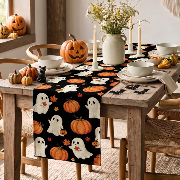 Ghost Pumpkins Maple Leaves Halloween Table Runner, Halloween Fall Party Kitchen Dining Indoor Outdoor Decorations