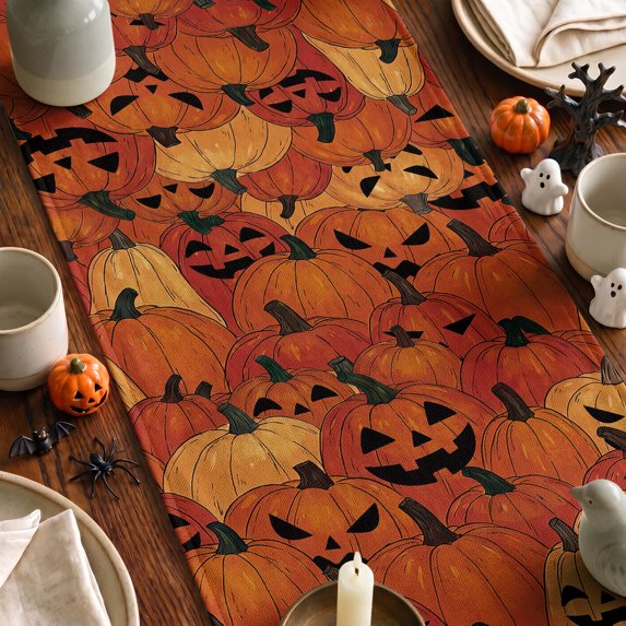 Caramel Pumpkin & Ghost Halloween Table Runner, Halloween Fall Party Kitchen Dining Indoor Outdoor Decorations