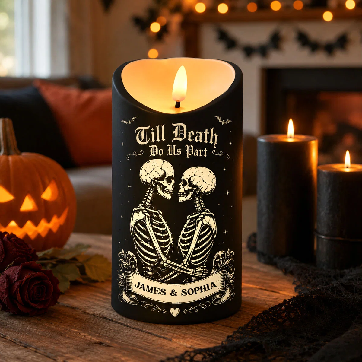 💀 Till Death Do Us Part Personalized LED Candle – Skeleton Couple Halloween Decor, Gothic Couple Gift 🖤🎃