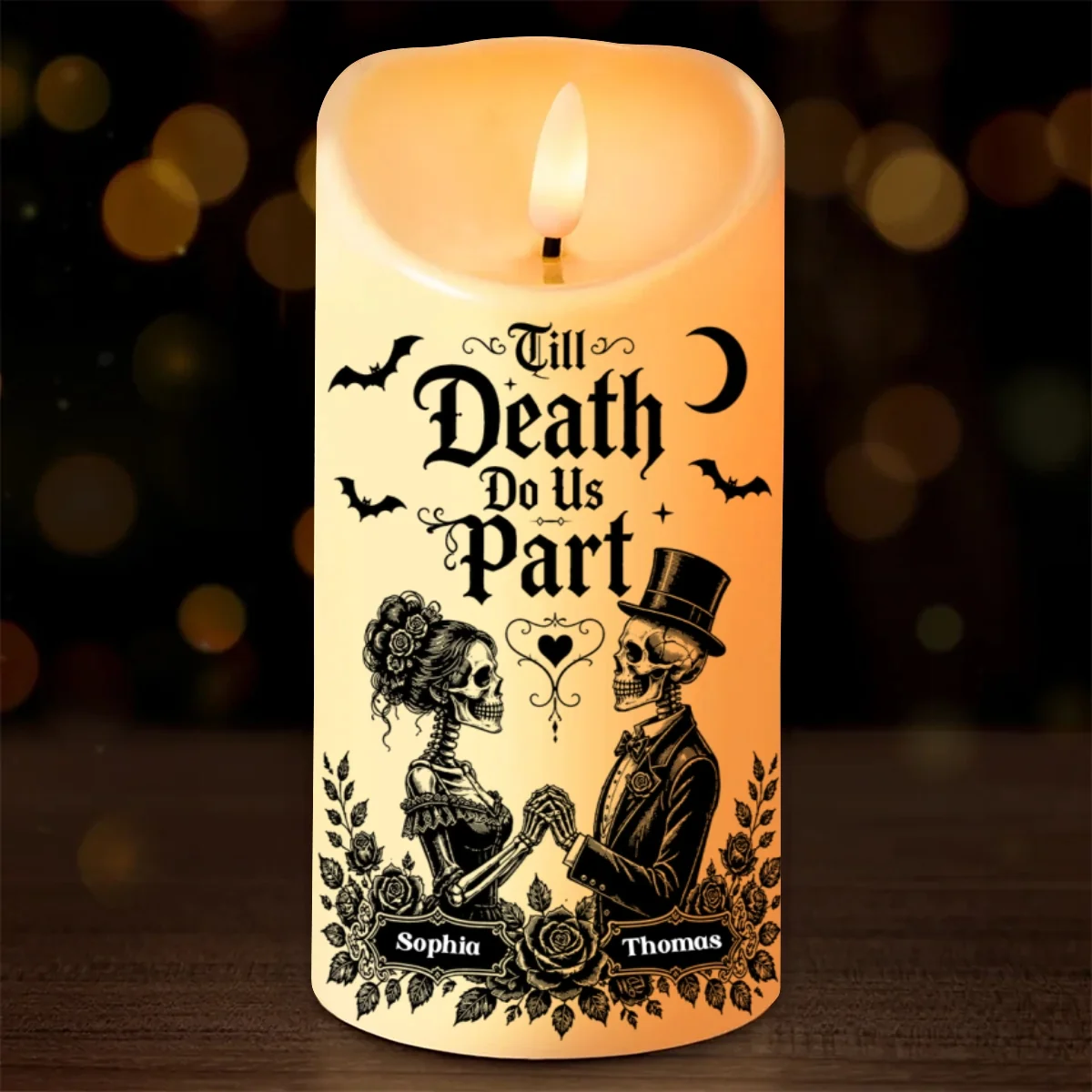 💀 Personalized Halloween Skeleton Couple LED Candle – Till Death Do Us Part, Gothic Black Decor for Couples 🖤🎃 (Copy)