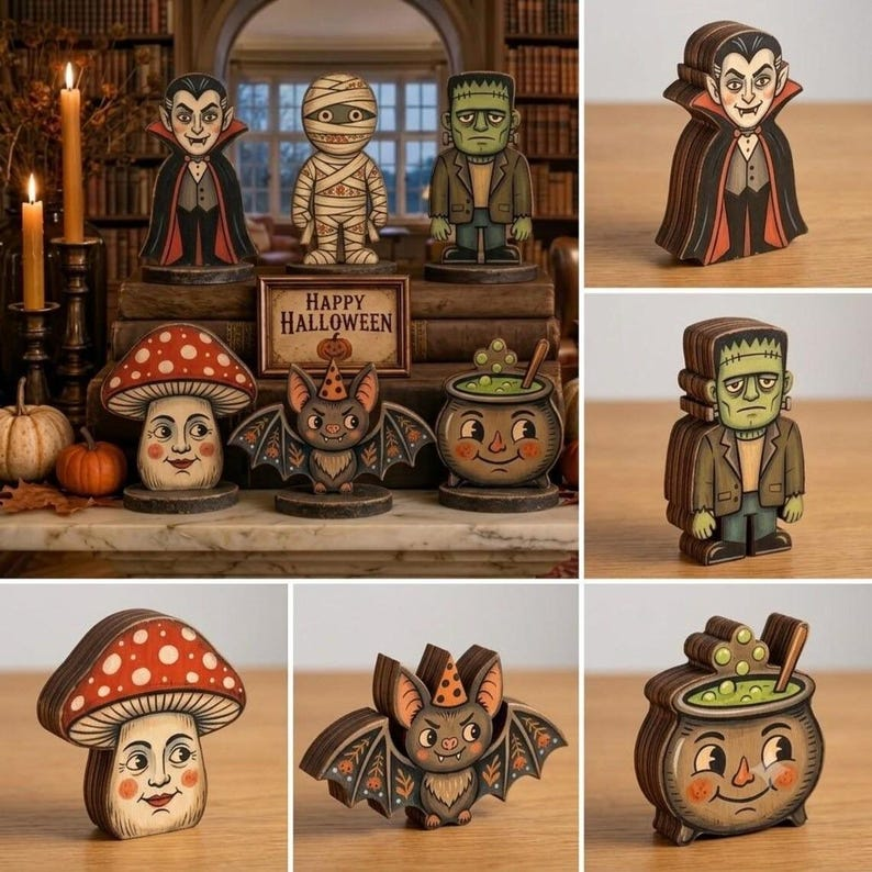 Vintage Halloween Wooden Block, Cute Spooky Shelf Sitter, Rustic Tiered Tray Decor, Vampire Mummy Bat Cauldron, Fall Halloween Home Decoration