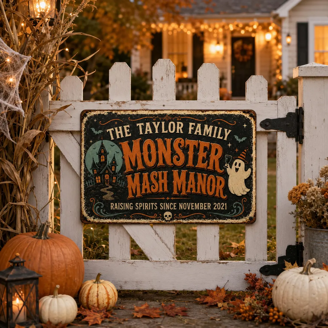 Custom Halloween Haunts Metal Sign | Personalized Family Name Haunted House Decor