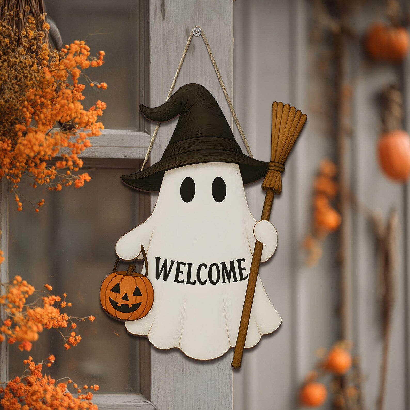 Halloween Ghost Welcome Sign, Cute Witch Door Hanger, Wooden Fall Decor, Spooky Front Porch Sign, Autumn Holiday Decoration
