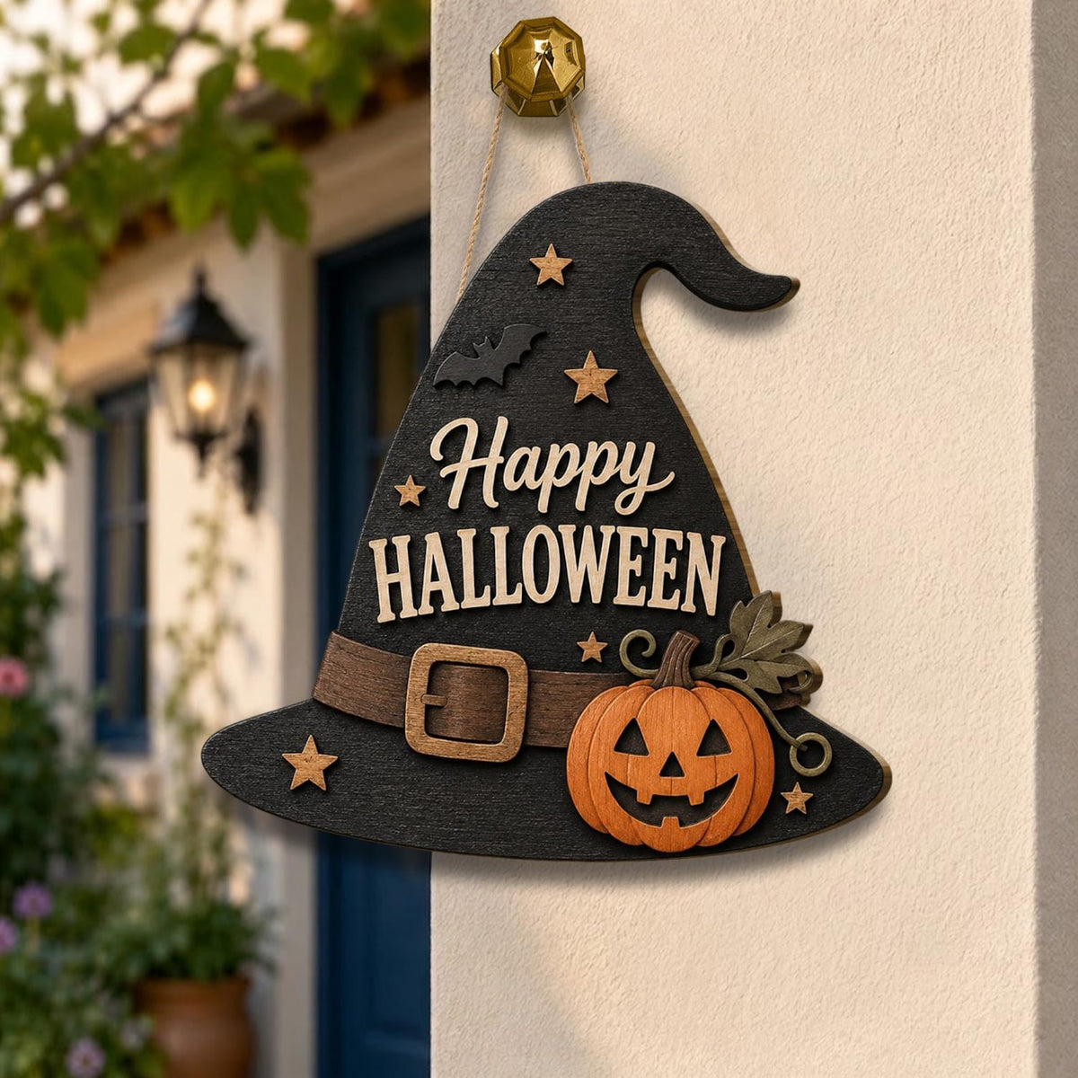 Halloween Witch Hat Door Sign, Pumpkin Hanging Decor, Spooky Front Door Accent