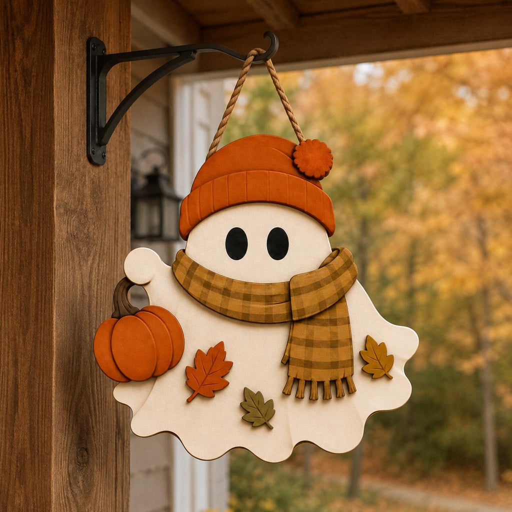Cute Fall Ghost Wooden Sign, Halloween Ghost Door Hanger, Pumpkin Ghost Decor, Autumn Porch Sign