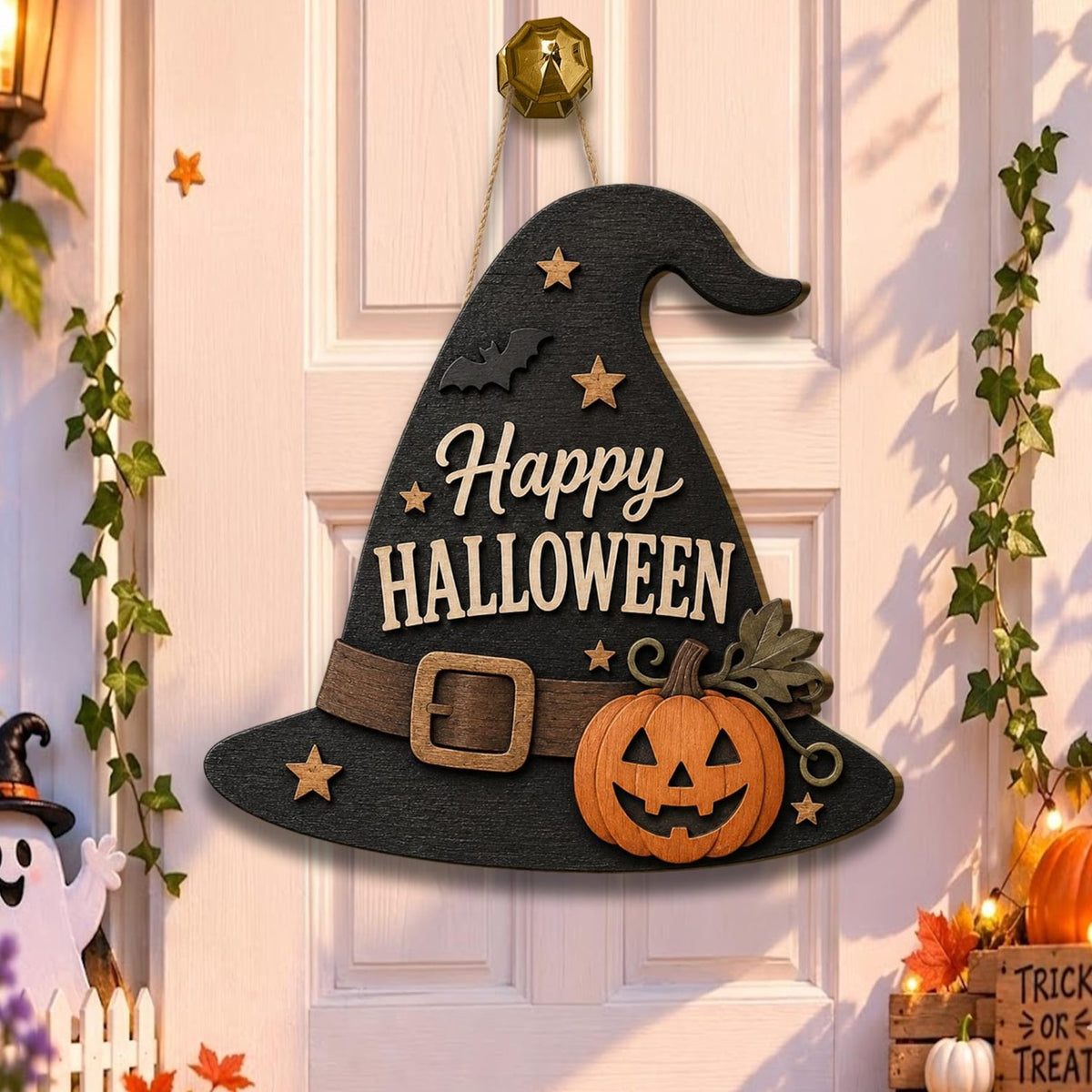 Halloween Witch Hat Door Sign, Pumpkin Hanging Decor, Spooky Front Door Accent