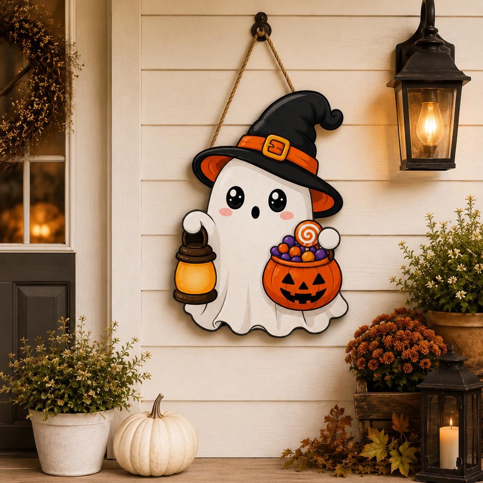 Halloween Ghost Door Hanger, Cute Witch Ghost Wooden Sign, Trick Or Treat Pumpkin Porch Decor, Spooky Fall Gift