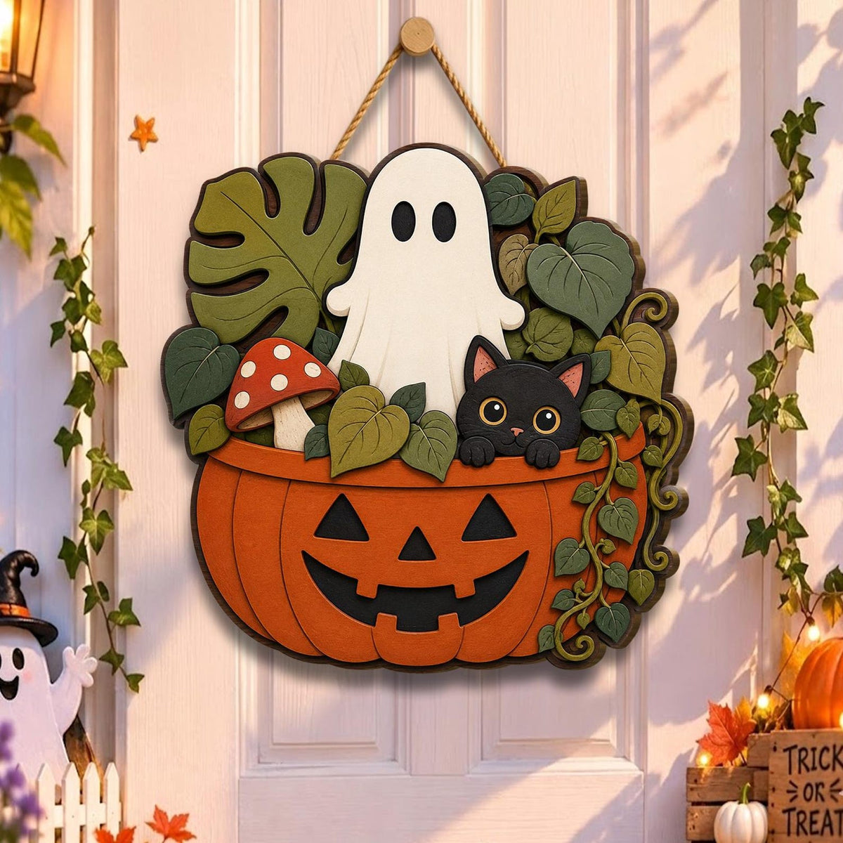 Halloween Ghost Cat Wood Door Sign, Spooky Pumpkin Black Cat Hanger