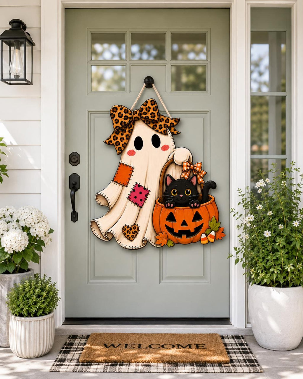 Halloween Ghost Door Hanger, Black Cat Pumpkin Leopard Bow Fall Decor