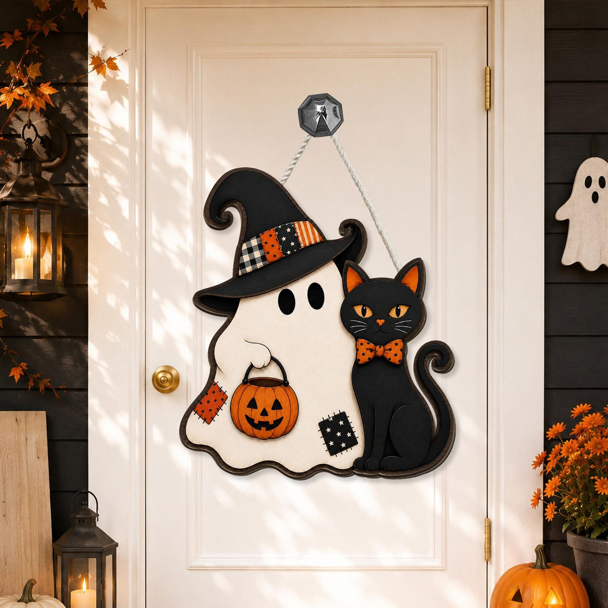 Halloween Ghost Door Sign, Black Cat Wooden Door Hanger, Witch Hat Front Door Decor, Spooky Fall Porch Sign