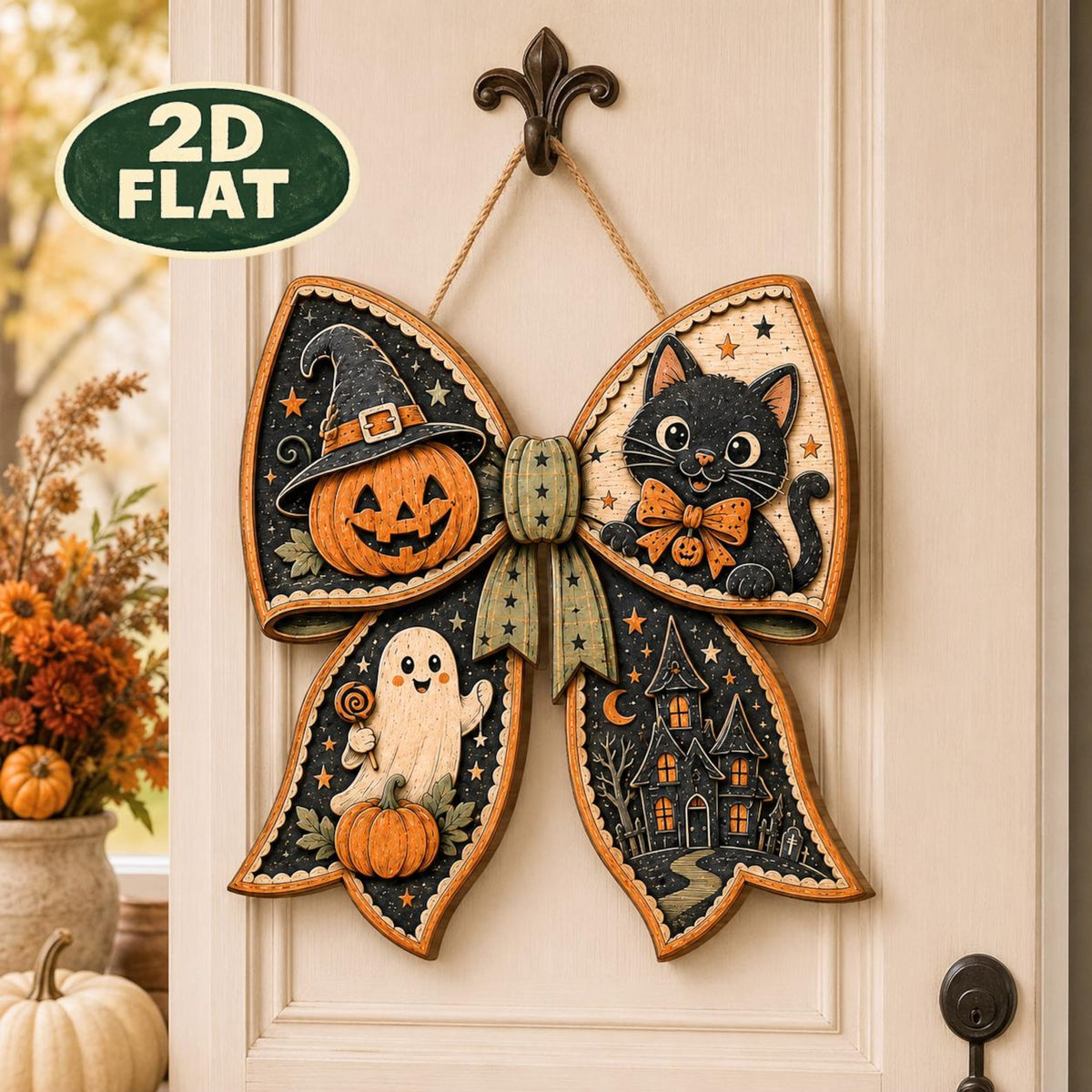 Halloween Wood Sign, Cute Black Cat Pumpkin Bow Door Decor, Vintage Ghost Haunted House Gift For Family Friends And Housewarming Home
