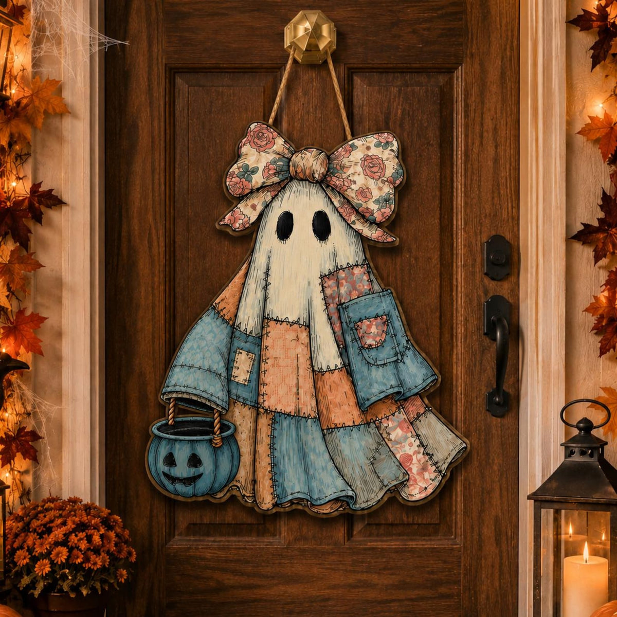 Halloween Ghost Door Hanger, Personalized Rustic Patchwork Door Sign, Primitive Fall Porch Decor, Spooky Halloween Gift