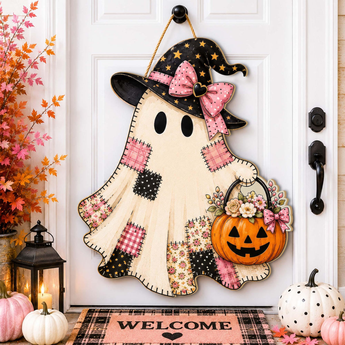 Personalized Cute Ghost Halloween Wooden Door Sign, Ghost Wooden Door Hanger, Pumpkin Welcome Sign, Spooky Front Door Fall Decor