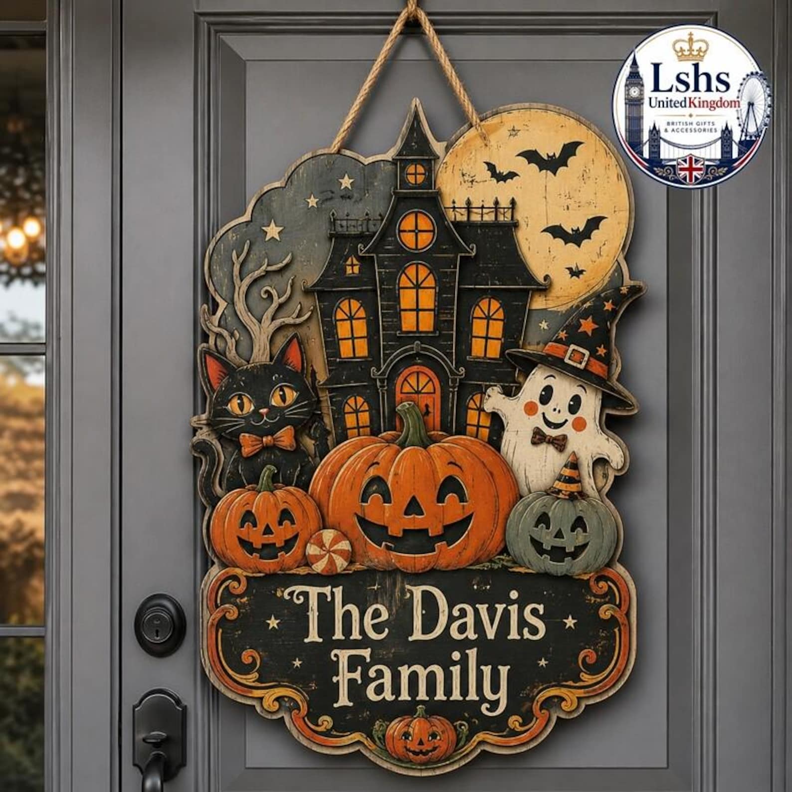 Custom Haunted House Halloween Wooden Sign,Personalized Family Name Door Hanger Retro Pumpkin Ghost Hanging Plaque,Spooky Season Welcome Art