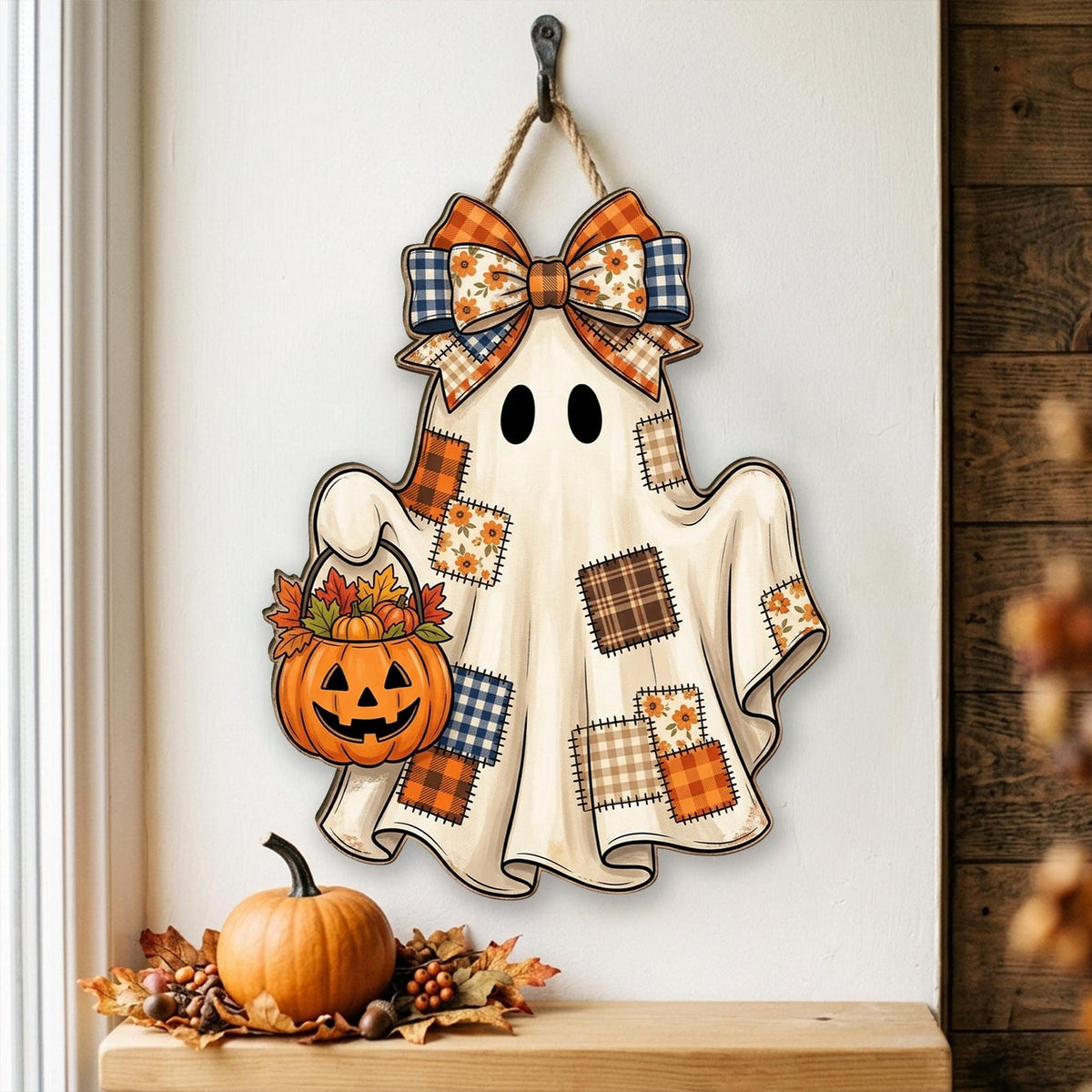 Patchwork Ghost Halloween Door Hanger - Fall Pumpkin Wooden Wall Sign