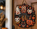 Vintage Halloween Welcome Wreath, Retro Pumpkin Ghost Door Hanger, Printed Wood or Metal Sign, Fall Front Porch Decor, Whimsical Halloween