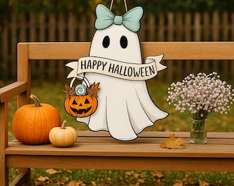 Ghost Door Sign: Spooky Wooden Hanging Sign with Bow