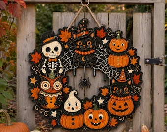 Cute Halloween Door Wreath, Ghost Cat Owl Skull Pumpkin Hanging Sign, Spooky Autumn Porch Decor, Fall Housewarming Gift for Family