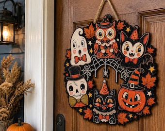 Vintage Halloween Welcome Wreath, Retro Pumpkin Ghost Door Hanger, Printed Wood or Metal Sign, Fall Front Porch Decor, Whimsical Halloween