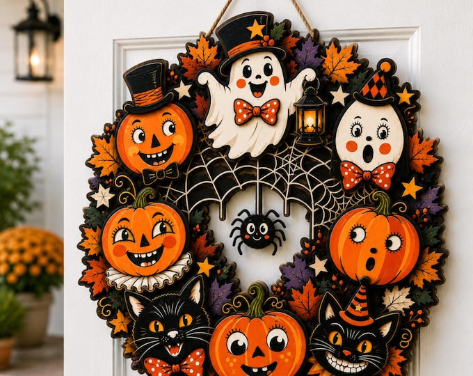 Halloween Pumpkin Ghost Door Hanger, Vintage Fall Front Porch Decoration