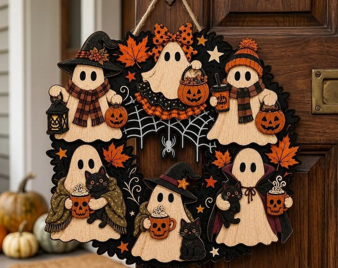 Vintage Halloween Welcome Wreath, Retro Pumpkin Ghost Door Hanger, Printed Wood or Metal Sign, Fall Front Porch Decor Halloween