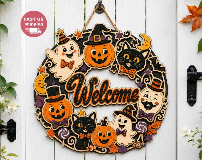 Vintage Halloween Door Wreath, Retro Pumpkin Ghost Front Door Hanging Decor