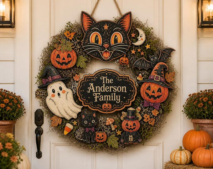 Personalized Halloween Wooden Door Sign, Custom Black Cat Pumpkin Door Hanger, Vintage Halloween Front Porch Decor