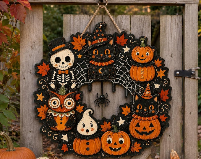Cute Halloween Door Wreath, Ghost Cat Owl Skull Pumpkin Hanging Sign, Spooky Autumn Porch Decor, Fall Housewarming Gift for Family