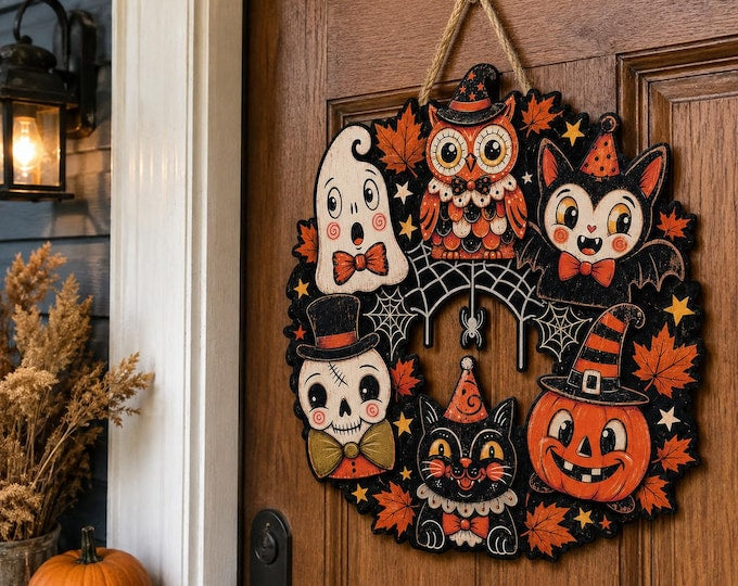 Vintage Halloween Welcome Wreath, Retro Pumpkin Ghost Door Hanger, Printed Wood or Metal Sign, Fall Front Porch Decor, Whimsical Halloween