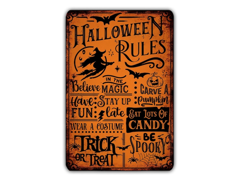 Halloween Rules Metal Sign, Vintage Pumpkin Trick or Treat Wall Decor, Spooky Candy Costume Sign, Rustic Retro Halloween Home Decoration