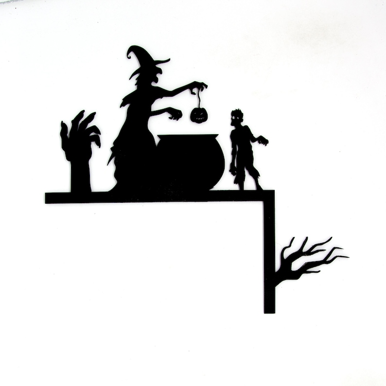 Halloween Door Corner Decor | Witch Cauldron Zombie | Reversible Laser Cut Wood Trim Decoration