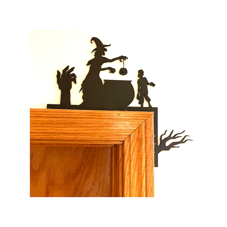 Halloween Door Corner Decor | Witch Cauldron Zombie | Reversible Laser Cut Wood Trim Decoration