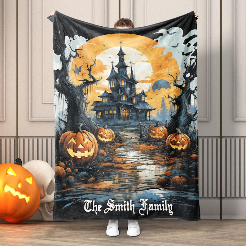 Personalized Haunted House Blanket, Custom Family Name Halloween Throw, Halloween Home Decor, Halloween Lover Gift, Abandoned House Throw