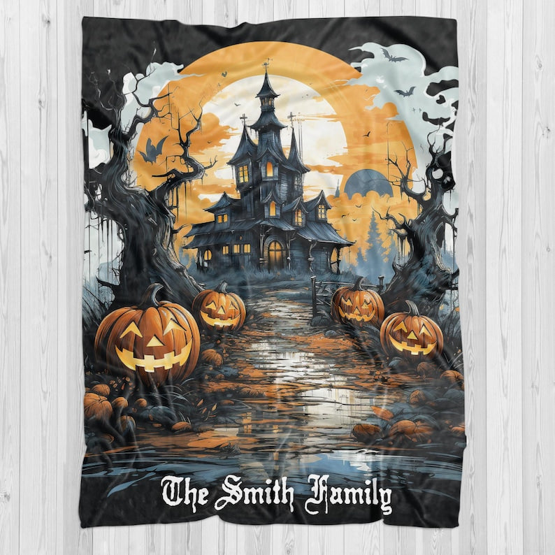 Personalized Haunted House Blanket, Custom Family Name Halloween Throw, Halloween Home Decor, Halloween Lover Gift, Abandoned House Throw