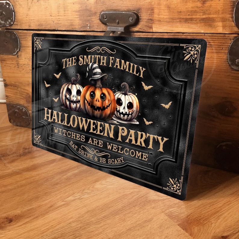 Personalized Halloween Party Metal Sign – Custom Family Pumpkin Wall & Door Decor, Vintage Retro Tin Plaque, Spooky Party Sign