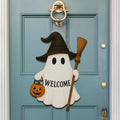 Halloween Ghost Welcome Sign, Cute Witch Door Hanger, Wooden Fall Decor, Spooky Front Porch Sign, Autumn Holiday Decoration