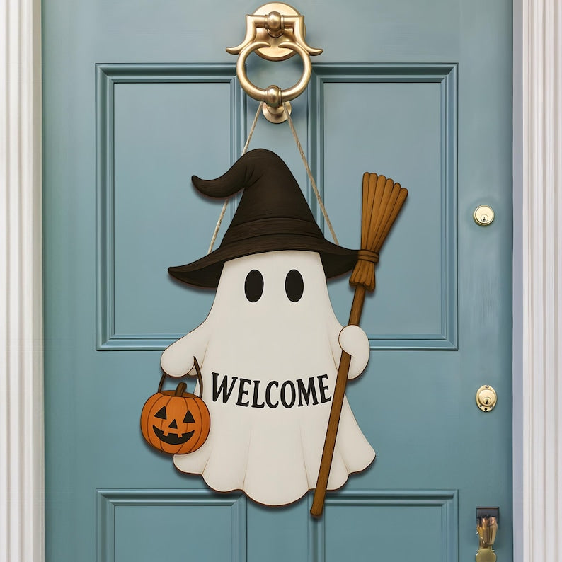 Halloween Ghost Welcome Sign, Cute Witch Door Hanger, Wooden Fall Decor, Spooky Front Porch Sign, Autumn Holiday Decoration