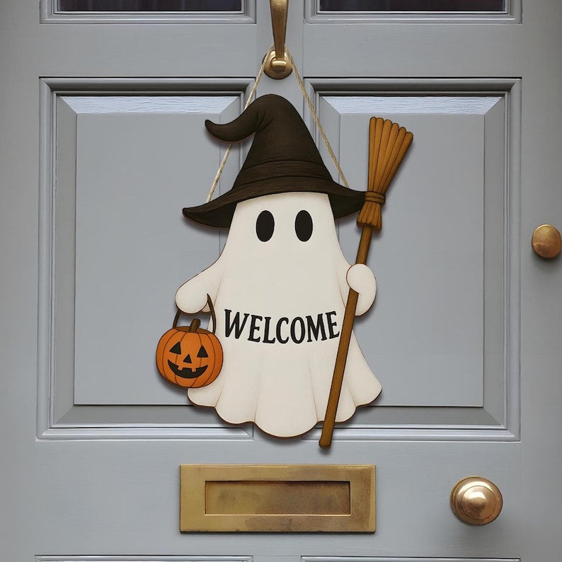 Halloween Ghost Welcome Sign, Cute Witch Door Hanger, Wooden Fall Decor, Spooky Front Porch Sign, Autumn Holiday Decoration