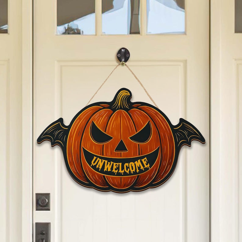 Unwelcome Bat Door Sign, Spooky Halloween Wooden Plaque, Halloween Ghost Welcome Sign, Wooden Fall Decor, Autumn Holiday Decoration