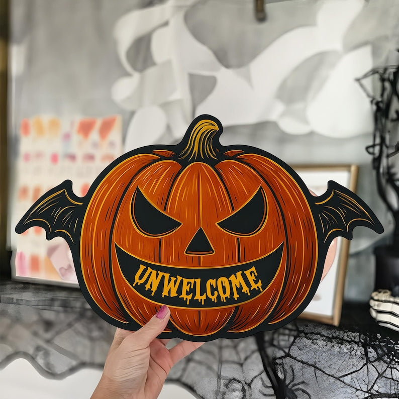Unwelcome Bat Door Sign, Spooky Halloween Wooden Plaque, Halloween Ghost Welcome Sign, Wooden Fall Decor, Autumn Holiday Decoration
