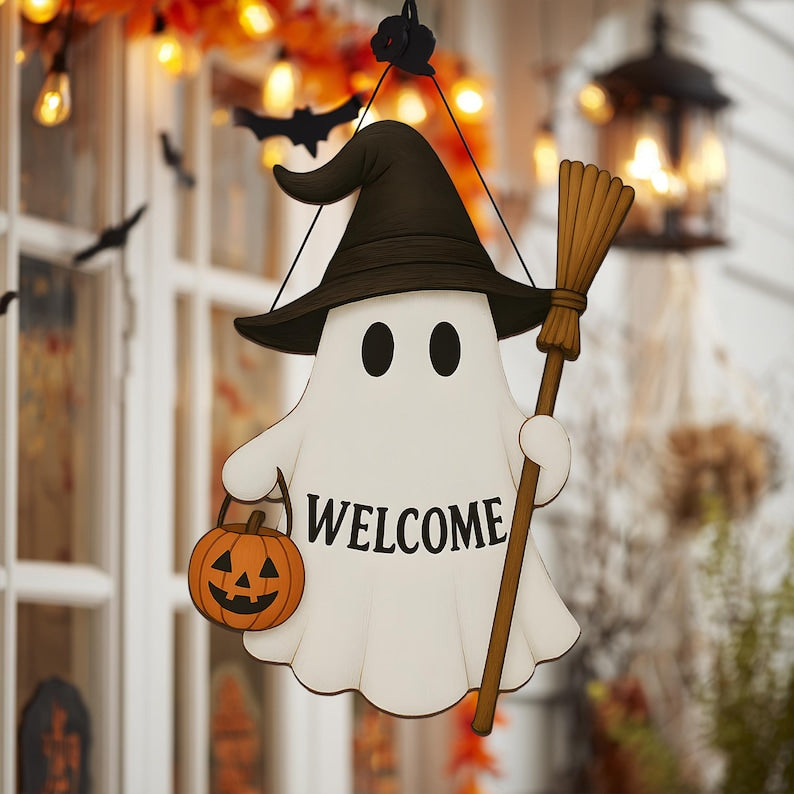 Halloween Ghost Welcome Sign, Cute Witch Door Hanger, Wooden Fall Decor, Spooky Front Porch Sign, Autumn Holiday Decoration